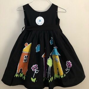 2pc Beautiful NWT Binx Girls Designer Black Party Dress Painted Houses SIZE 6